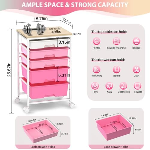 Goovilla Rolling Cart with 5 Drawers for Craft, Art, Dorm, Office, Pink