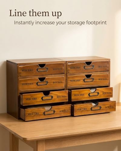 Modular Stackable Apothecary Cabinet 4 Drawer Desk Organizer - Retro Library Card Catalog Wood Storage Box - Organize Stationery, Thread Embroidery, Sewing, Crafts, Junk Drawer & Supplies Countertop