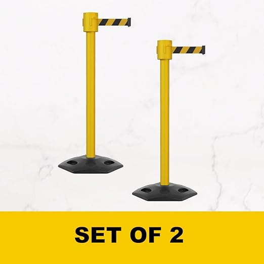 Montour Line MSR760 Set of 2 Retractable Belt Barrier Stanchion, Rubber Base, Yellow Post (35 ft Black & Yellow Diagonal Belt)