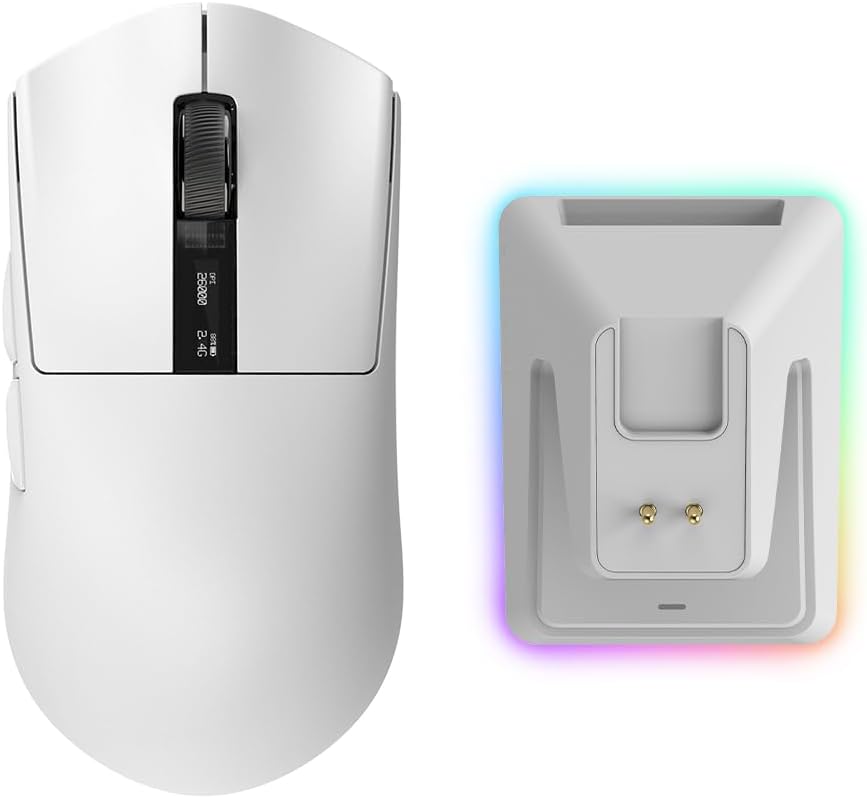 TECWARE EX1 Lightweight Gaming Mouse | 26K DPI Wireless Mouse with OLED Display | 59g Ultra-Light Design | RGB Charging Dock | Tri-Mode Connectivity 2.4GHz/Bluetooth/Wired with Grip Tape | White
