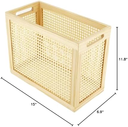 Wood Magazine Holder with Jute Rope Handles,Handcrafted Bamboo Toilet Roll Holder,Wicker Magazine Storage Organizer for Bathroom,Office and Desk -Rectangle- Natural- 15" D x 6.9" W x 11.8" H. (0.58)