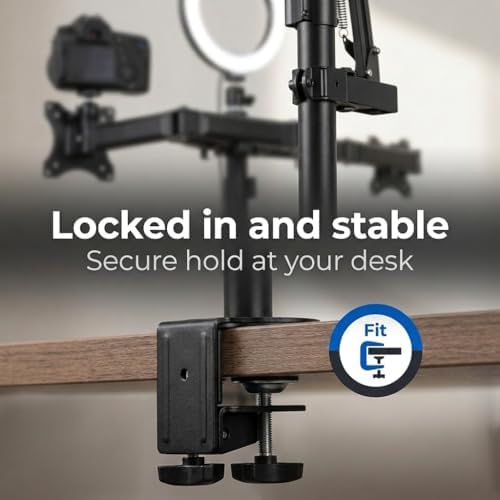 Mount-It! All in One Live Streaming Equipment - 5 Arm Desk Mount - Holds Dual Monitors, Cameras, Ring Light with Mic Desktop Stand Set, YouTube Setup for Podcasting, Gaming, Zoom, Clamp/Grommet Base