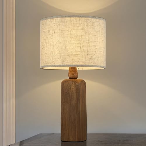 Natural Wood Table Lamp W22 inch 1-Light Bedside Desk Lamp with Beige Fabric Drum Shade Small Nightstand Lamp for Bedroom Living Room Dining Room