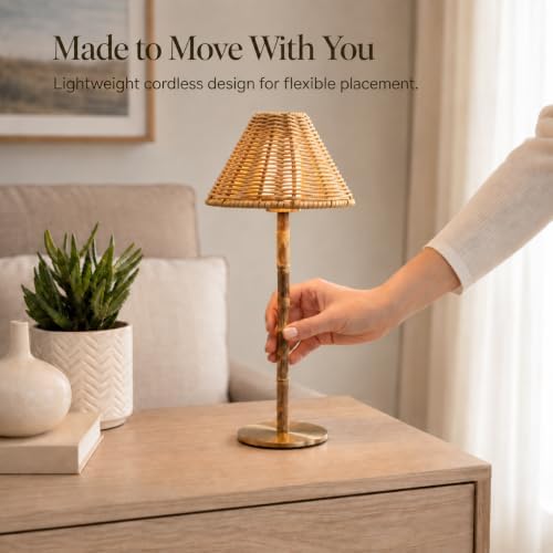 Bamboo Cordless LED Table Lamp – Rechargeable 24-Hour Battery, Dimmable Warm Light, Portable Wireless Lamp with Remote for Indoor/Outdoor Use, Home, Patio, Restaurant – (NATURAL RATTAN), 14.95" Tall