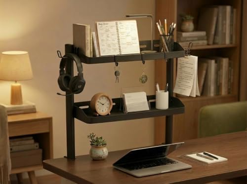 Clamp on Desk Shelf, 17in 2-Tier Office Desk Shelves Organizer, Small Shelf for Top of Desk with Headphone Holder and Hooks, Desktop Storage Rack for Home Workspace, Study Rooms, Gaming Accessories