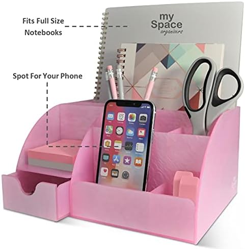 My Space Organizers Pink Desk Organizer Office, Acrylic, with Drawer, 9 Compartments, Supplies and Cool Desk Accessories Organizer, Desktop Pen Holder (Pink)