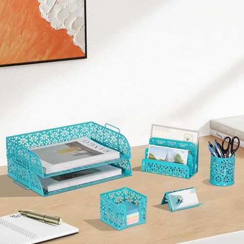 EasyPAG Desk Organizers and Accessories 5 Pieces Office Supplies Set - 2 Tier Paper Tray, Pencil Organizer for Desk, Mail Sorter Countertop, Business Card Holder and Sticky Note Holder, Dark Teal