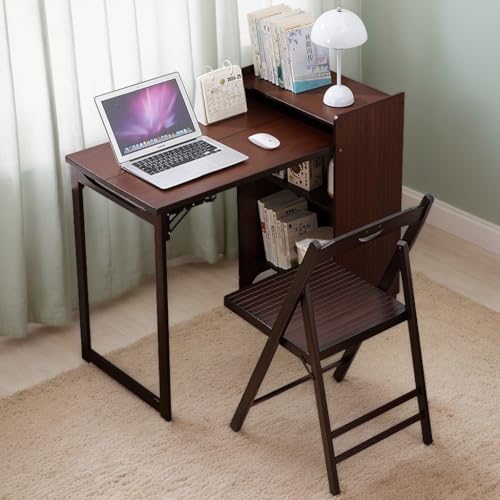 Bamboo Folding Desk with Storage for Small Spaces (Walnut)