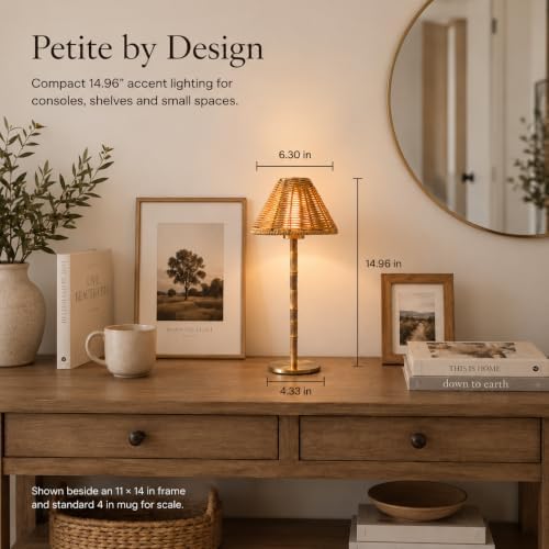 Bamboo Cordless LED Table Lamp – Rechargeable 24-Hour Battery, Dimmable Warm Light, Portable Wireless Lamp with Remote for Indoor/Outdoor Use, Home, Patio, Restaurant – (NATURAL RATTAN), 14.95" Tall