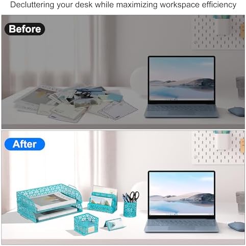 EasyPAG Desk Organizers and Accessories 5 Pieces Office Supplies Set - 2 Tier Paper Tray, Pencil Organizer for Desk, Mail Sorter Countertop, Business Card Holder and Sticky Note Holder, Dark Teal