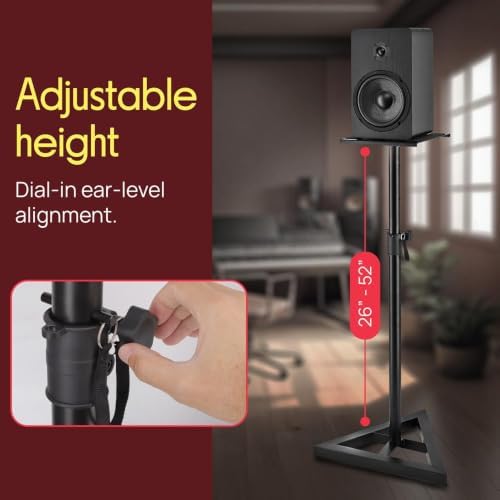 Pyle Speaker Stand Pair of Sound - Play 1 and 3 Holder, Telescoping Height Adjustable from 26” - 52” Inch, High Heavy Duty Three-point Triangle Base w/ Floor Spikes and 9” Square Platform, Black