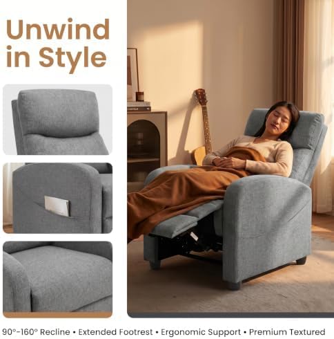 Manual Recliner Chair, Oversized Lazy Boy Reclining Sofa with Adjustable Backrest & Extended Footrest, Ergonomic Single Recliner Couch for Home Theater Seating, Living Room, Bedroom, Gray