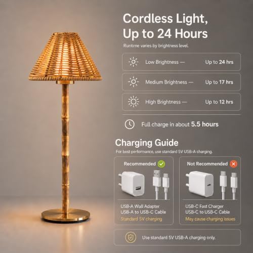 Bamboo Cordless LED Table Lamp – Rechargeable 24-Hour Battery, Dimmable Warm Light, Portable Wireless Lamp with Remote for Indoor/Outdoor Use, Home, Patio, Restaurant – (NATURAL RATTAN), 14.95" Tall
