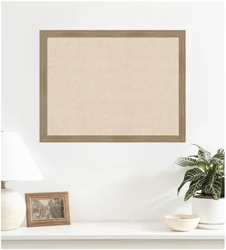 Kate and Laurel Framed Fabric Pinboard 26 x 20, Neutral Weave Printed Linen Classic Bulletin Board for Use as a Vision Board or Wall Organization, Woodgrain Stripe Mocha Frame