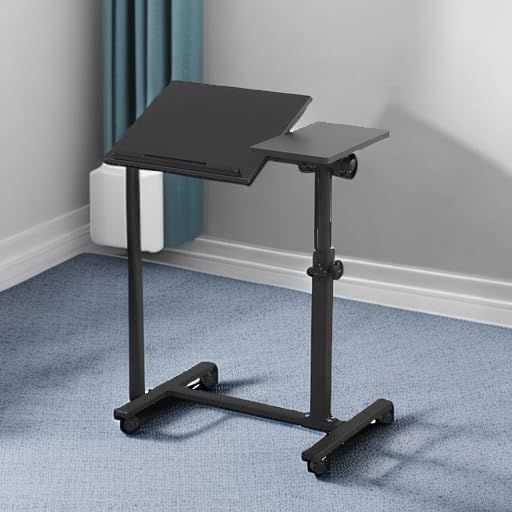 TigerDad Overbed Bedside Desk Mobile Rolling Laptop Stand Tilting Overbed Table with Wheels Height Adjustable Tray Table for Laptop Bed Sofa Side Table, Home & Hospital Use (Black)