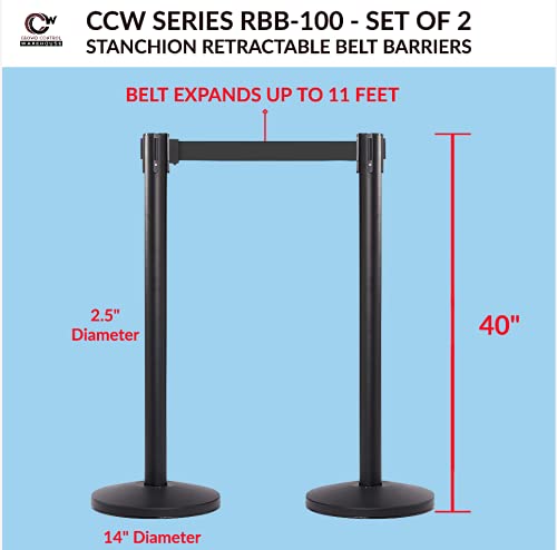 CCW Series RBB-100 - Set of 2 Stanchion Retractable Belt Barriers (11 Foot Belt, Red with"NO Parking" White Letters Belt with Satin Stainless Steel Post)