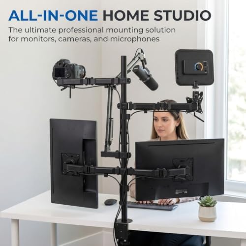 Mount-It! All in One Live Streaming Equipment - 5 Arm Desk Mount - Holds Dual Monitors, Cameras, Ring Light with Mic Desktop Stand Set, YouTube Setup for Podcasting, Gaming, Zoom, Clamp/Grommet Base