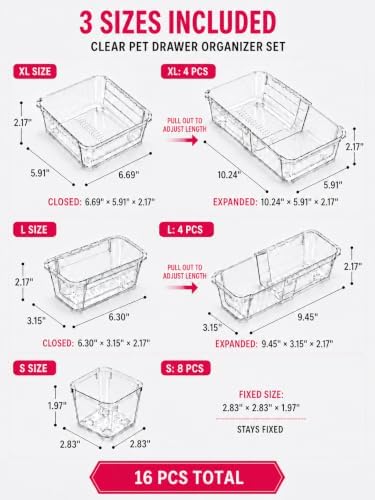 16 PCS Adjustable Expandable Clear Plastic Drawer Organizers 3-Size Set