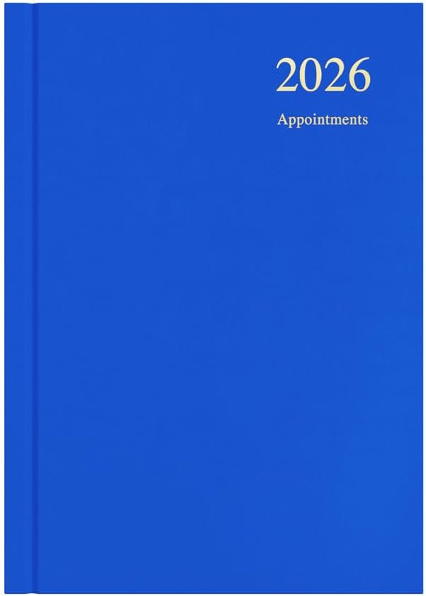 Collins - Essential - 2026 12 Month Calendar Year Planner, Day-To-Page with 1/2 Hourly Appointments Diary, A5 Hard Cover - Blue (ESSA51A.60-26)