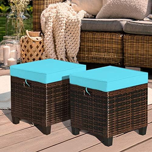 Patio Ottoman Outdoor Rattan Wicker Ottoman Seat, 2 Pieces All Weather Footstool Footrest Seat with Removable Cushions, Outdoor Ottoman Set for Patio, Porch, Poolside (Turquoise)