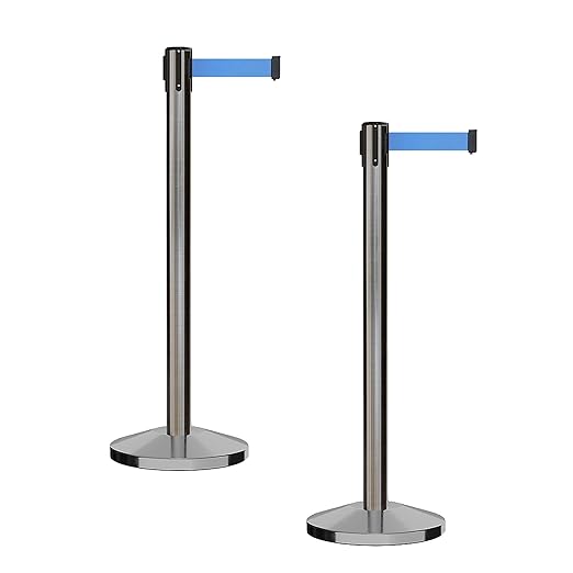 CCW Series RBB-100 - Set of 2 Stanchion Retractable Belt Barriers (9 Foot Belt, Light Blue Belt with Satin Stainless Steel Post)