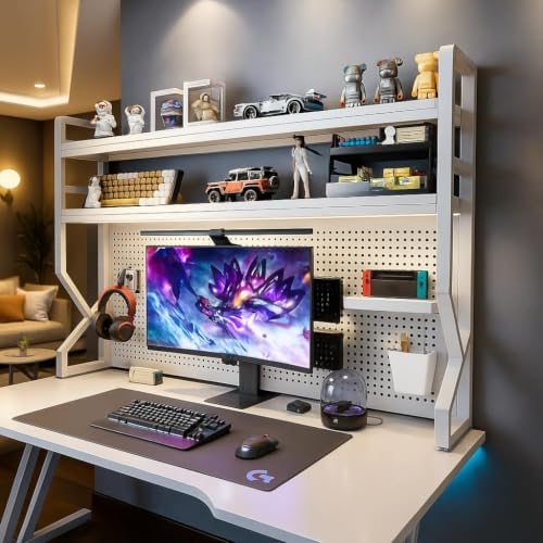 Desktop Hutch Bookshelf,Many Gifts,Metal Desktop Bookcase with pegboard, Desk Shelf, Countertop Storage Organizer Rack for Dorm or Office,Desktop Shelves (White, 45.3" Lx9.9 Wx39 H)