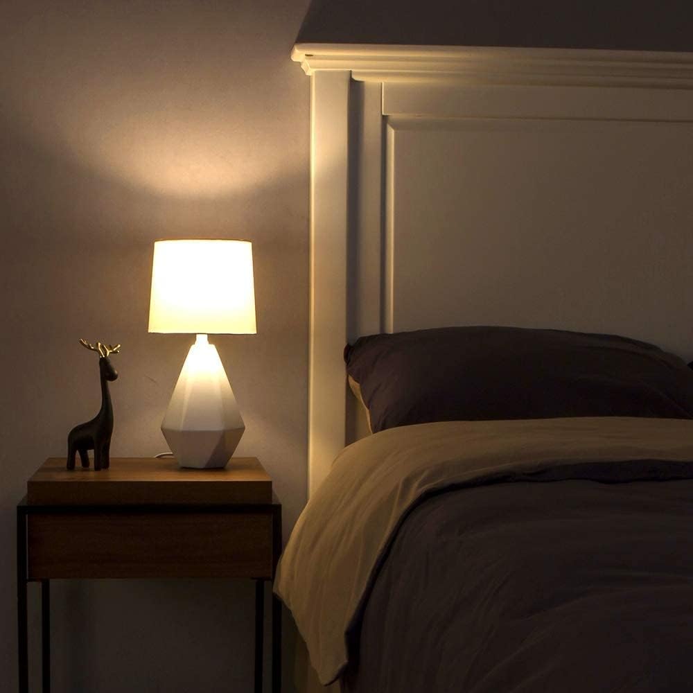 SOTTAE 15" Modern Small Ceramic Table Lamp, White Irregular Geometric Bedside Table lamp for Bedroom,Nightstand Lamps with White Fabric Shade, Small Lamp for Kitchen Living Room