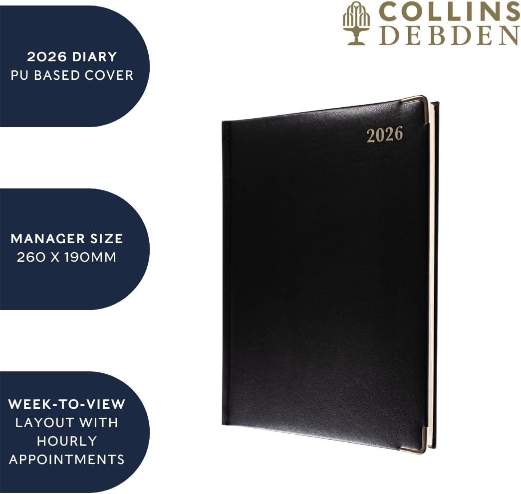 Collins - Classic - Manager 2026 12 Month Calendar Year Planner, Week-To-View with Appointments Diary - Black (1210V.99-26)