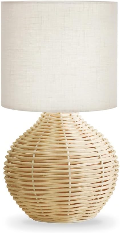 Rattan Table Lamp, Boho Farmhouse Style, Cotton Linen Lamp Shade, 6.2×6.2×11.8 Inch Small Table Lamp, with E12 LED Warm Light Bulb