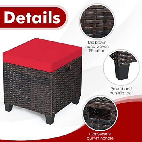 ORALNER Set of 2 Outdoor Ottoman, 16" Wicker Footstools, All-Weather Rattan Cube Foot Stool w/Removable Cushions, Square Footrest Extra Seating for Patio, Porch, Deck, Easy Assembly (Red)