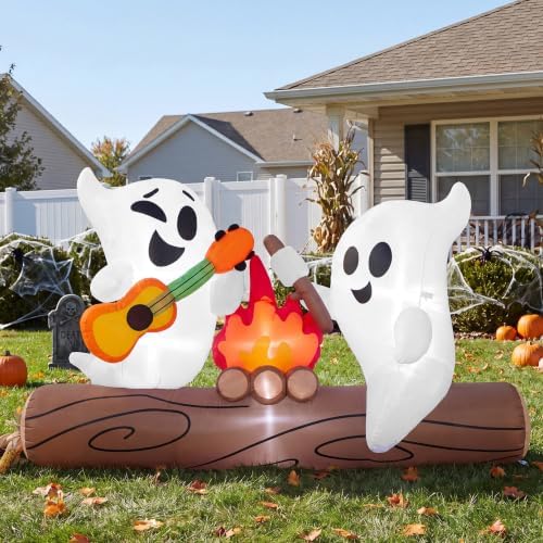 Joiedomi 6ft Long Halloween Inflatable Ghost Outdoor Decoration, Cute Blow Up Ghost Roasts Cotton Candy Over Campfire with LED, Halloween Blow Up Yard Decoration for Holiday Party Garden Lawn Decor