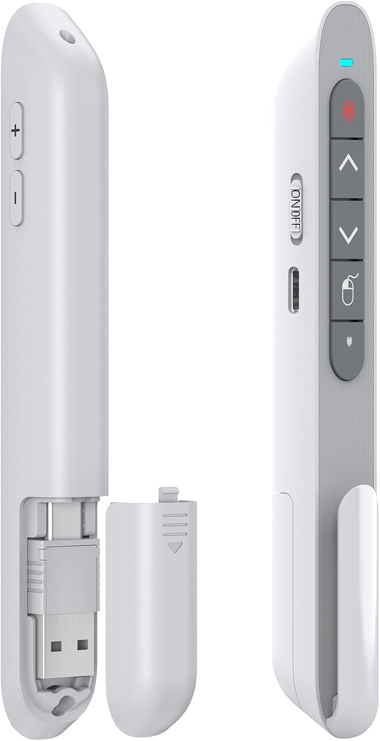 DINOSTRIKE White Presentation Clicker with Air Mouse Control, USB Type C Wireless Presenter Remote Clicker for Powerpoints Slide RF 2.4GZ Slide Advancer for Computer Laptop Mac