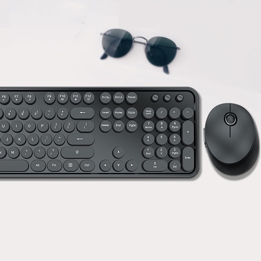 Wireless Keyboard and Mouse Combo, Retro Style Keyboard with Round Keycaps, 2.4GHz Dropout-Free Connection Mouse with 3 Adjustable DPI for Windows Notebook PC (Black)
