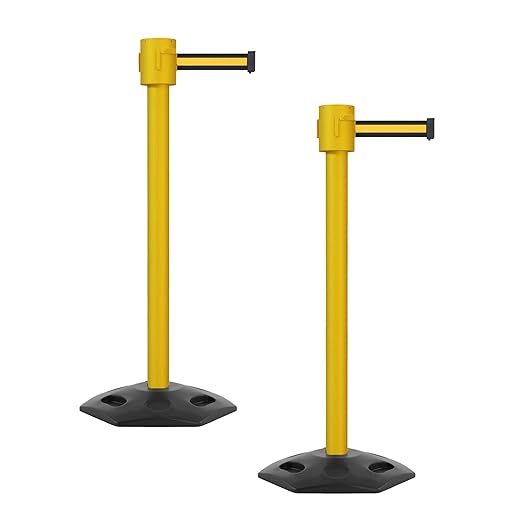 Montour Line MSR760 Set of 2 Retractable Belt Barrier Stanchion, Rubber Base, Yellow Post (35 ft Black with Yellow Horizontal Stripe Belt)