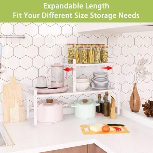 Across-Star Expandable Cabinet Shelf Organizer Rack, Stackable Kitchen Counter Storage Shelves Stand, Adjustable Height Pantry Shelf Spice Rack (White, 2 Pack)