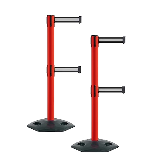 Montour Line MSR630D Set of 2 Retractable Belt Barrier Stanchion, Heavy-Duty Rubber Base, Red Post (7.5 ft Black with White Horizontal Stripe Dual Belt)
