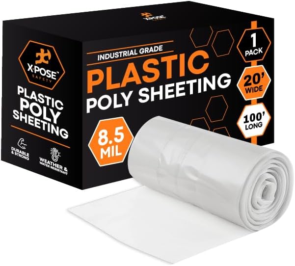 Clear Poly Sheeting - Heavy Duty, 6 Mil Thick Plastic Tarp – Waterproof Vapor and Dust Protective Equipment Cover, Construction and Industrial Use (10' x 100') (1, 8.5 Mil 20' x 100')