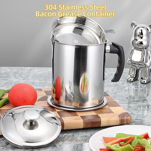 Kaemi 2.2L / 74OZ Bacon Grease Container With Strainer, Bacon Grease Keeper,Oil Storage Container for Kitchen,Filtered Oil Jug With Lid and Easy Grip Handle for Storing Meat Frying and Cooking Oil