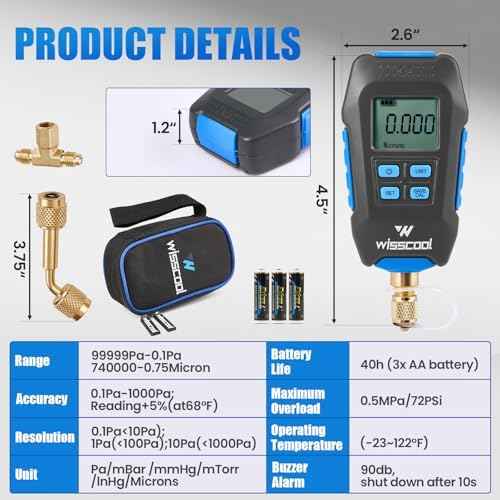 WISSCOOL Digital Micron Vacuum Gauge, Digital Pressure Tester Meter HVAC