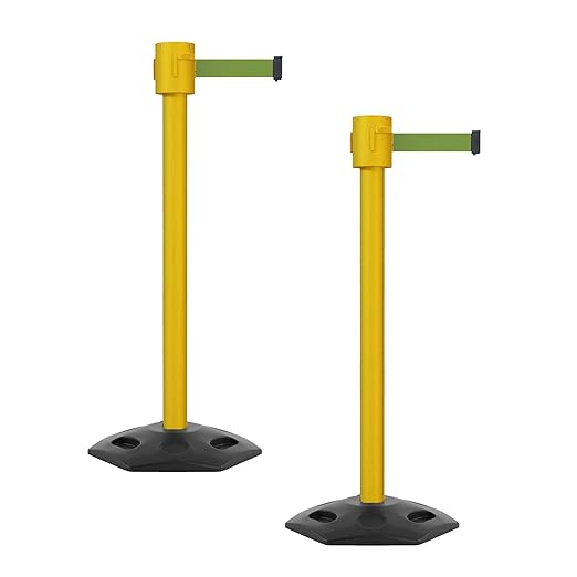 Montour Line MSR760 Set of 2 Retractable Belt Barrier Stanchion, Rubber Base, Yellow Post (35 ft Olive Belt)