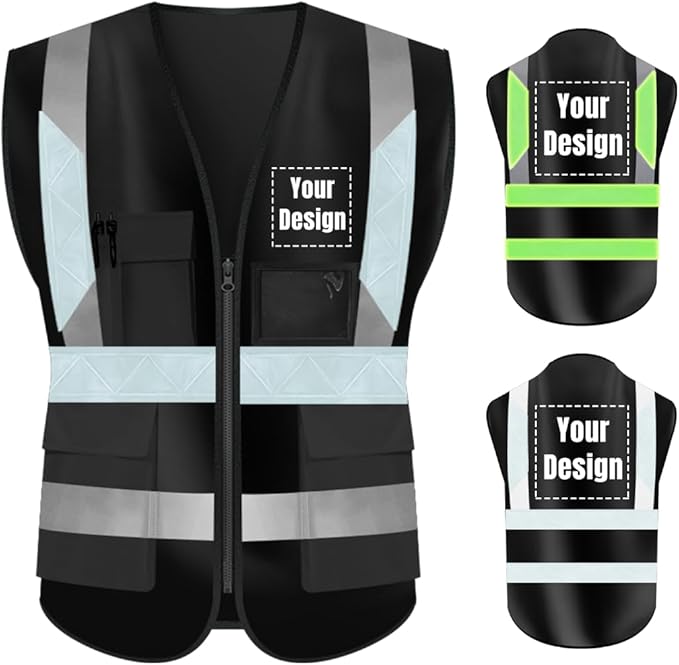 YOWESHOP High Visibility Safety Vest Custom Your Logo Protective Workwear 5 Pockets With Reflective Strips Outdoor Work Vest (3XL, Black Luminous)