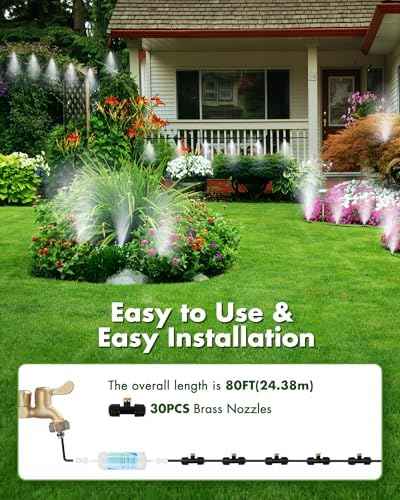 Misters for Outside Patio with Water Filter - 80Ft(24.5M) Misting System Line 30 Brass Mist Nozzles Brass Adapter(3/4") Patio Misters for Cooling Outdoor Greenhouse Backyard Porch Garden Party Pool