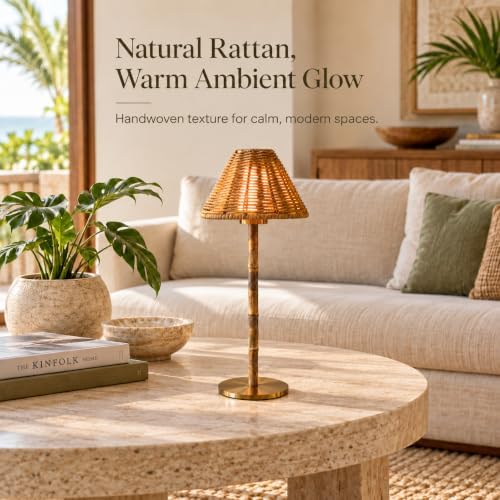 Bamboo Cordless LED Table Lamp – Rechargeable 24-Hour Battery, Dimmable Warm Light, Portable Wireless Lamp with Remote for Indoor/Outdoor Use, Home, Patio, Restaurant – (NATURAL RATTAN), 14.95" Tall