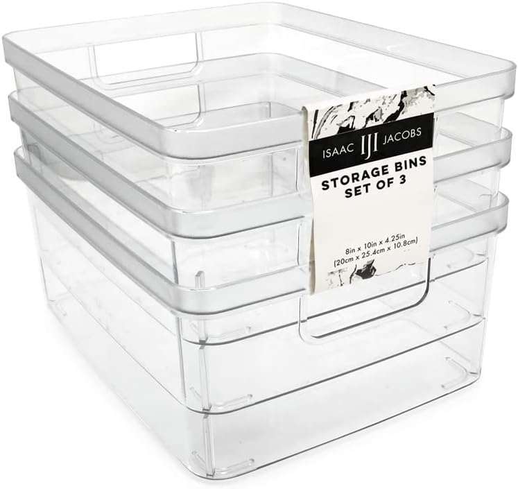 Isaac Jacobs 3-Pack Medium Clear Storage Bins (8” L x 10” W x 4.25” H)