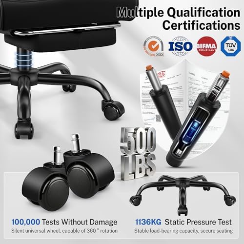 FelixKing Big and Tall Office Chair 500lbs - Ergonomic Desk Chair with Footrest, Scratch-Resistant PU Leather Computer Chair, 4D Lumbar Support Gaming Chair, Comfy Reclining Swivel Work Chair, Black