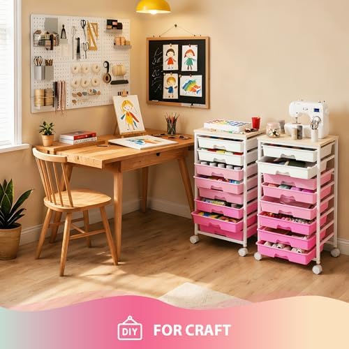 Goovilla Rolling Cart with 8 Drawers for Art, Dorm, Office, Craft, Pink