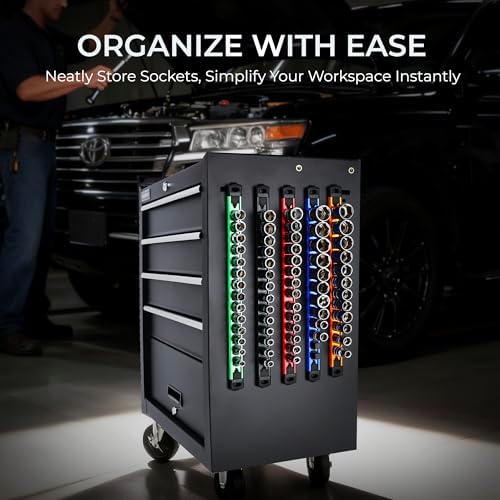Reniteco Magnetic Socket Organizer Set, 3-Piece 1/4” 3/8” 1/2” Socket Rails