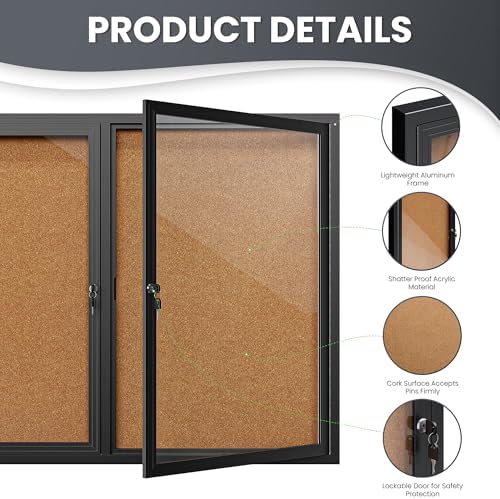 72"x36" Lockable Enclosed Bulletin Board, Outdoor Cork Weather-Resistant Aluminum Frame Notice Board, Wall Mounted Display Case Acrylic Doors for School,Office,Black Frame w/Cork