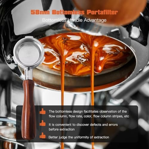 58mm bottomless portafilter with 3 Ears Compatible for CASABREWS/Gevi 58mm Espresso Machines | with Stainless Steel Filter Basket and Wooden Handle