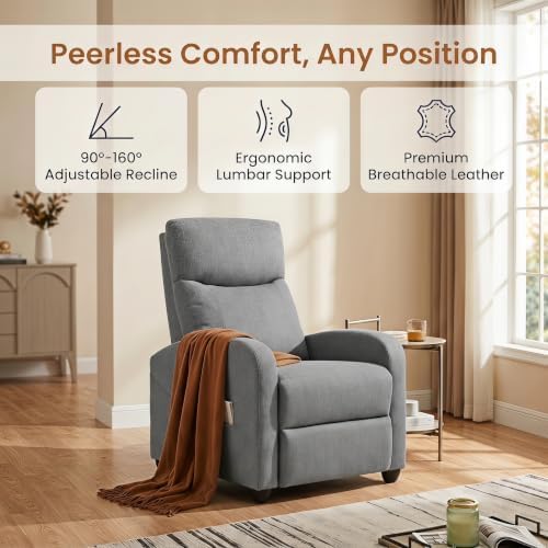 Manual Recliner Chair, Oversized Lazy Boy Reclining Sofa with Adjustable Backrest & Extended Footrest, Ergonomic Single Recliner Couch for Home Theater Seating, Living Room, Bedroom, Gray